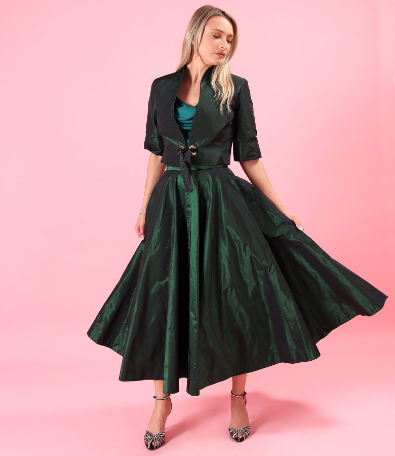 Long flared skirt in iridescent taffeta with decorative back elastic