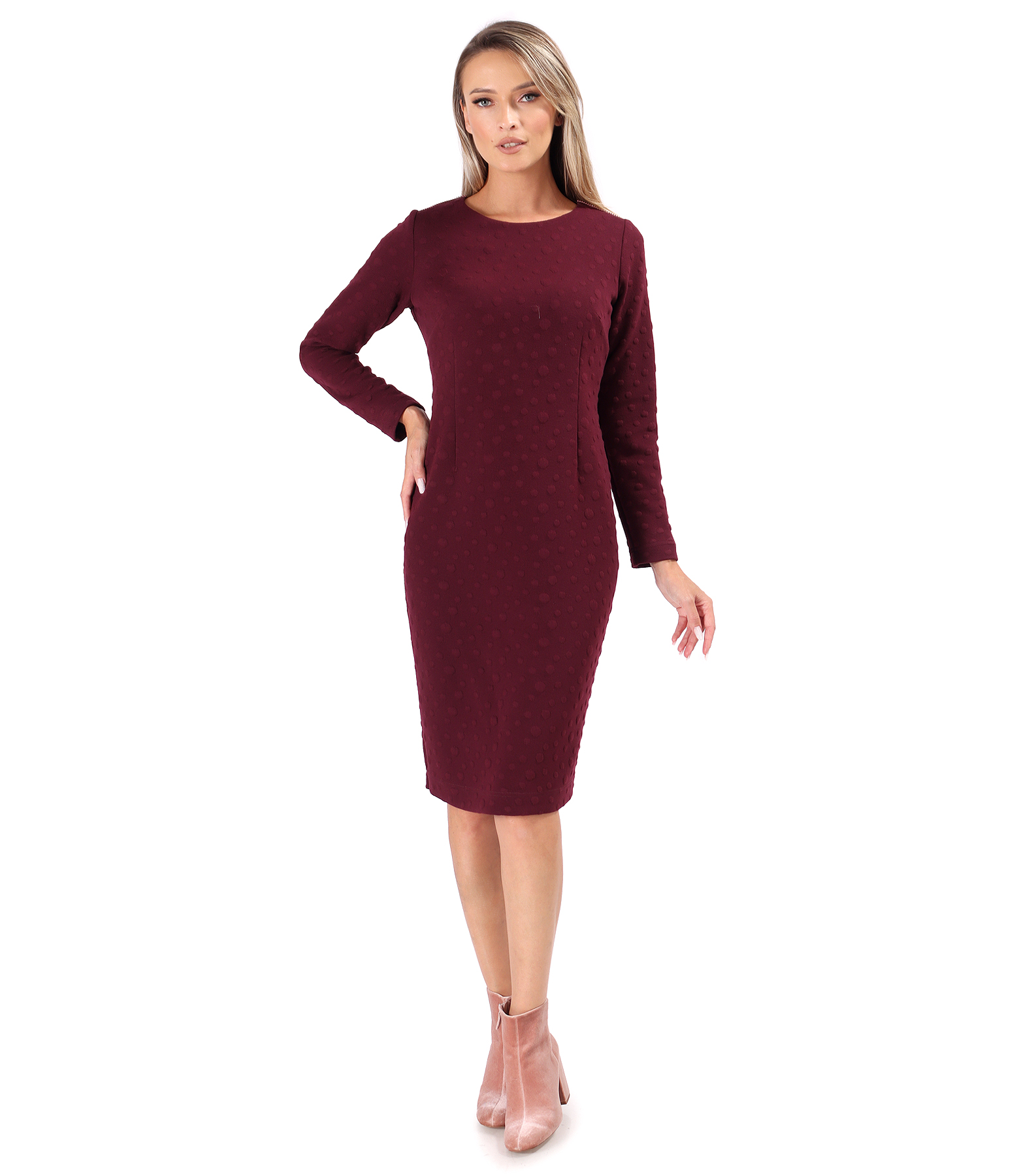 Elegant dress made of thick elastic jersey with embossed woven polka dots
