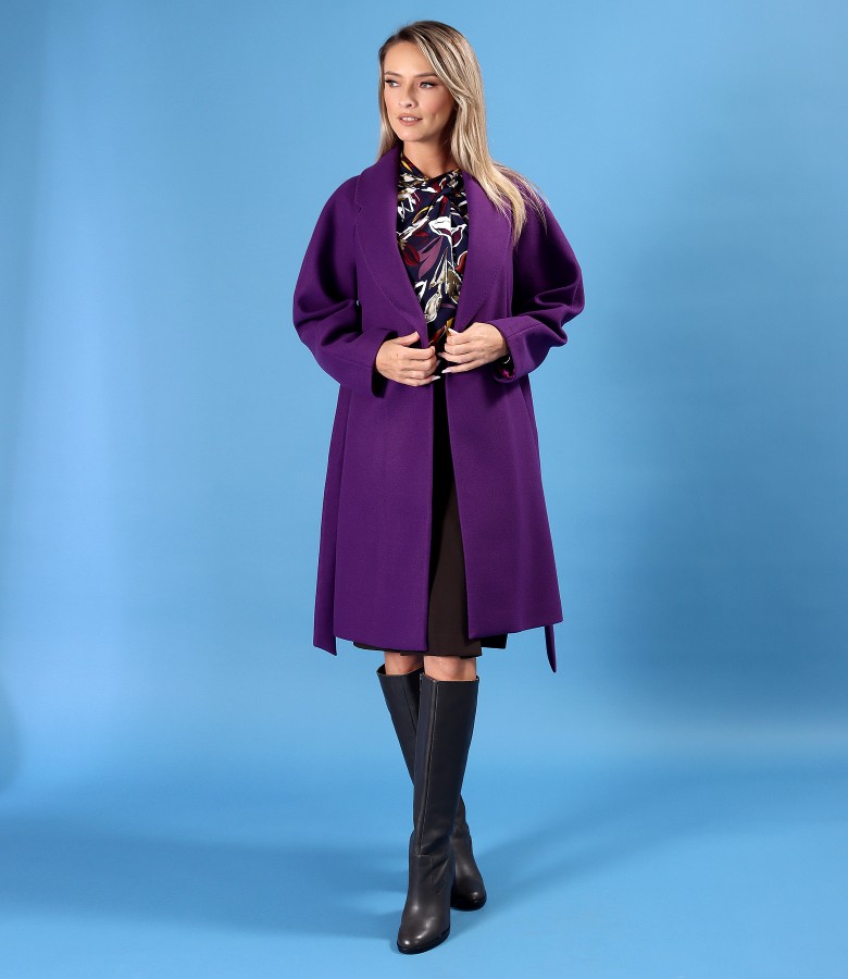 Wool-blend coat with flared dress and printed jersey blouse