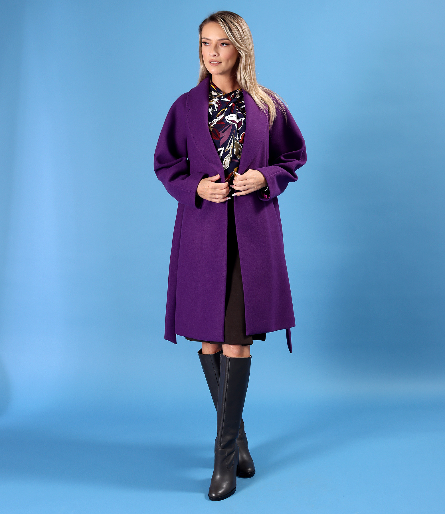 Wool-blend coat with flared dress and printed jersey blouse