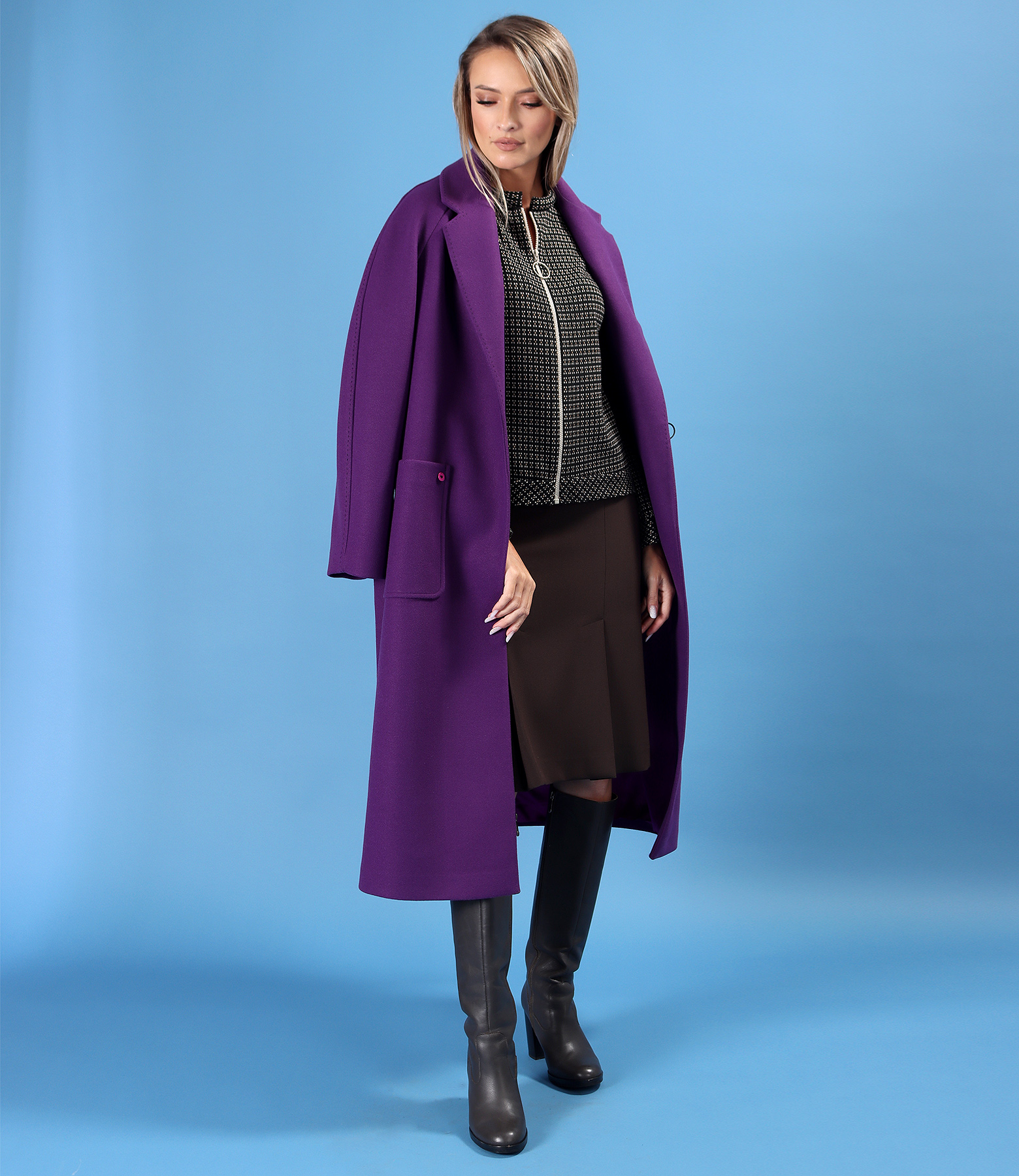 Midi wool-blend coat with a flared skirt