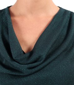 Elastic jersey blouse with metallic thread and pleated neckline