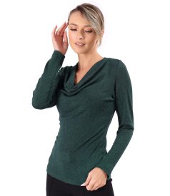 Elastic jersey blouse with metallic thread and pleated neckline