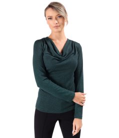 Elastic jersey blouse with metallic thread and pleated neckline
