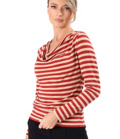 Elastic jersey blouse with metallic thread and pleated neckline