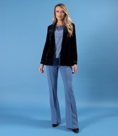 Black elastic velvet jacket with flared pants