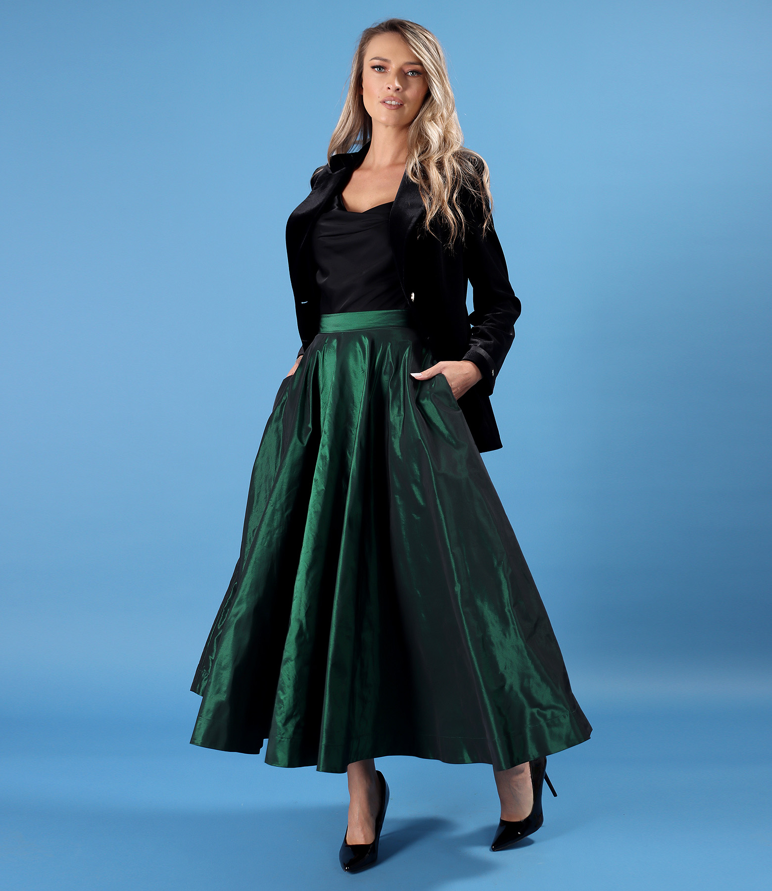 Elegant outfit with long taffeta skirt and velvet jacket