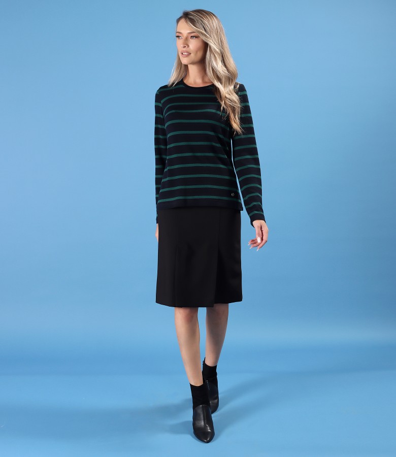 Elegant outfit featuring a flared skirt and blouse made of jersey and wool