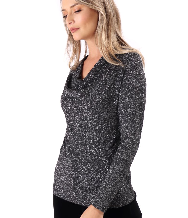 Elastic jersey blouse with metallic thread and pleated neckline