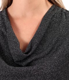 Elastic jersey blouse with metallic thread and pleated neckline
