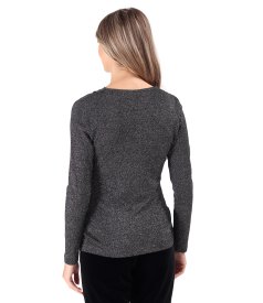 Elastic jersey blouse with metallic thread and pleated neckline