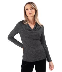 Elastic jersey blouse with metallic thread and pleated neckline