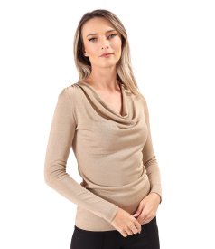 Elastic jersey blouse with metallic thread and pleated neckline