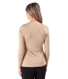 Elastic jersey blouse with metallic thread and pleated neckline
