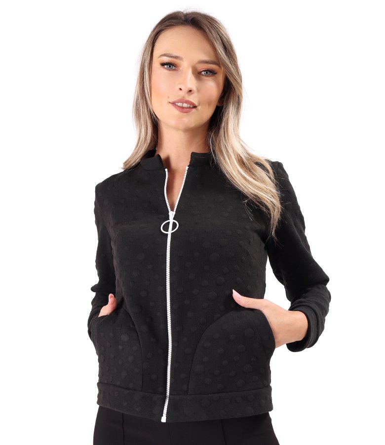 Thick elastic jersey blouse with embossed woven polka dots