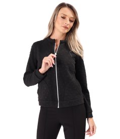 Thick elastic jersey blouse with embossed woven polka dots