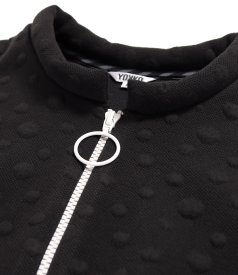 Thick elastic jersey blouse with embossed woven polka dots