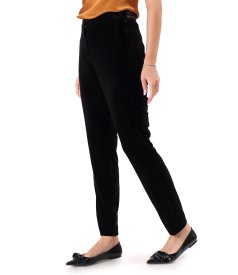 Black elastic velvet ankle pants with an elastic waistband