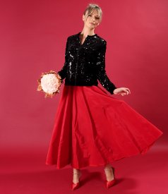 Long taffeta skirt with decorative elastic on the back