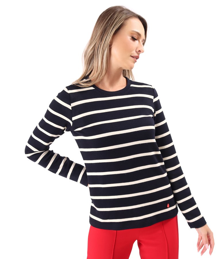 Thick elastic jersey blouse with wool with stripes
