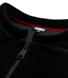 Blouse made of black elastic velvet with a front zipper