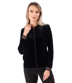 Blouse made of black elastic velvet with a front zipper