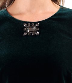 Elegant elastic velvet dress with crystal brooch