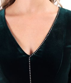 Elastic velvet dress with crystals at the neckline
