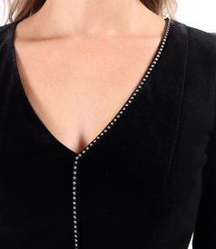 Elastic velvet dress with crystals at the neckline