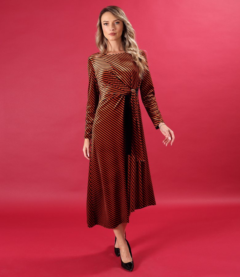 Striped elastic velvet midi dress