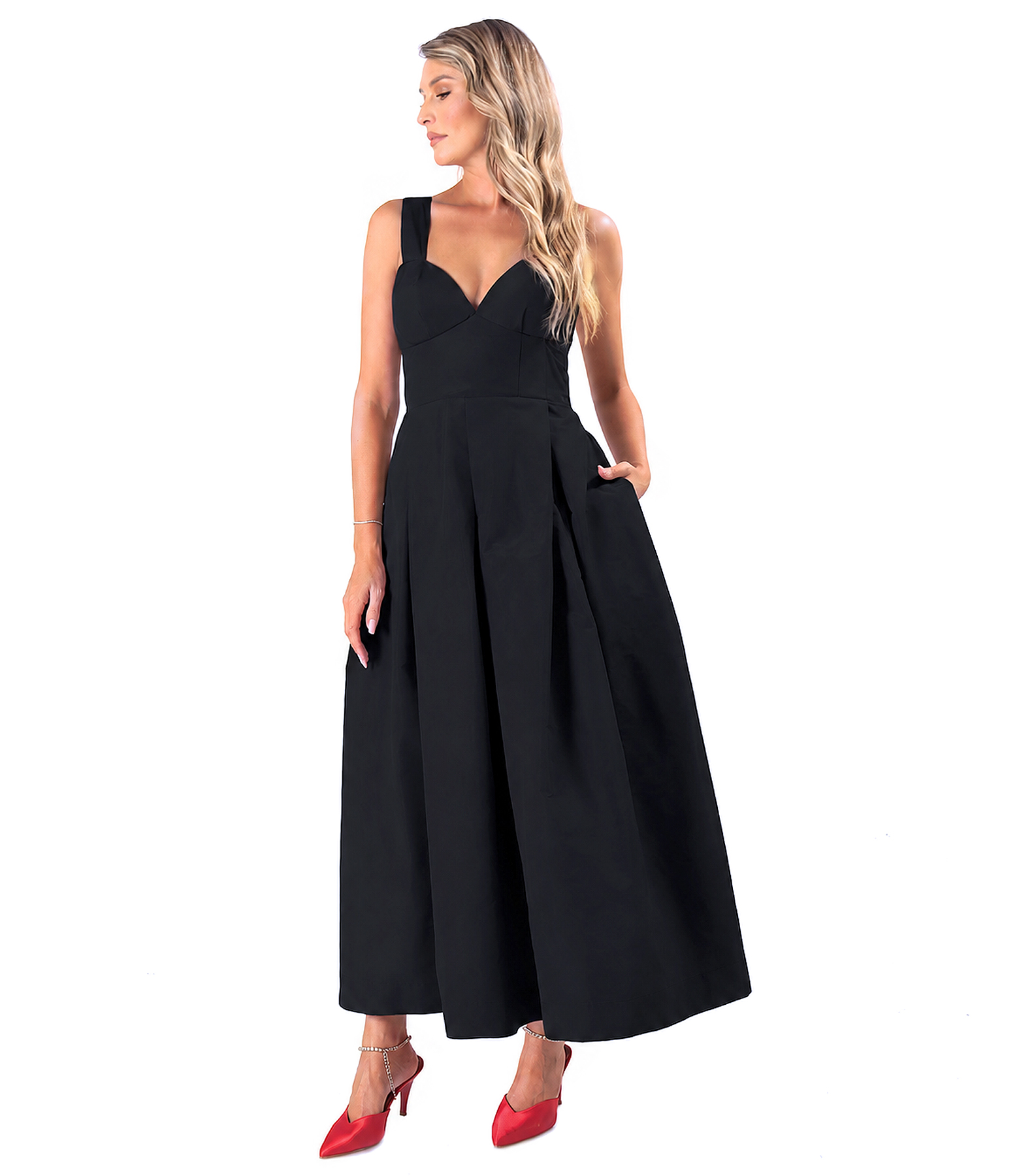 Flared matte taffeta dress with strappy corset
