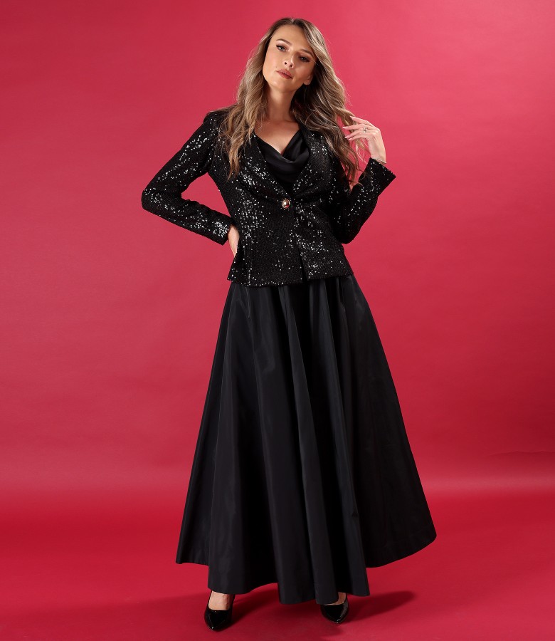 Evening set with sequin jacket and long taffeta skirt