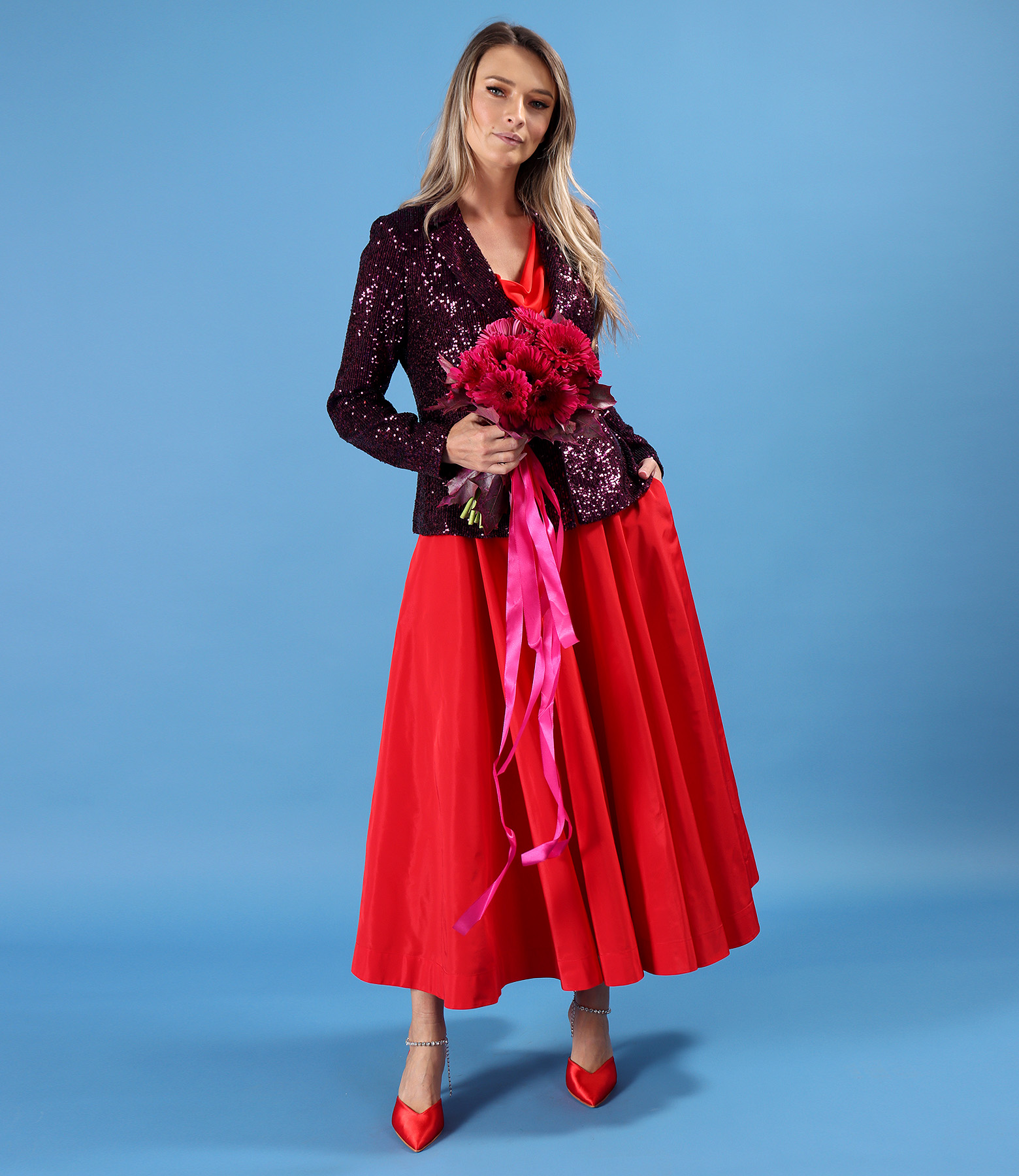 Evening outfit with long taffeta skirt and sequin jacket