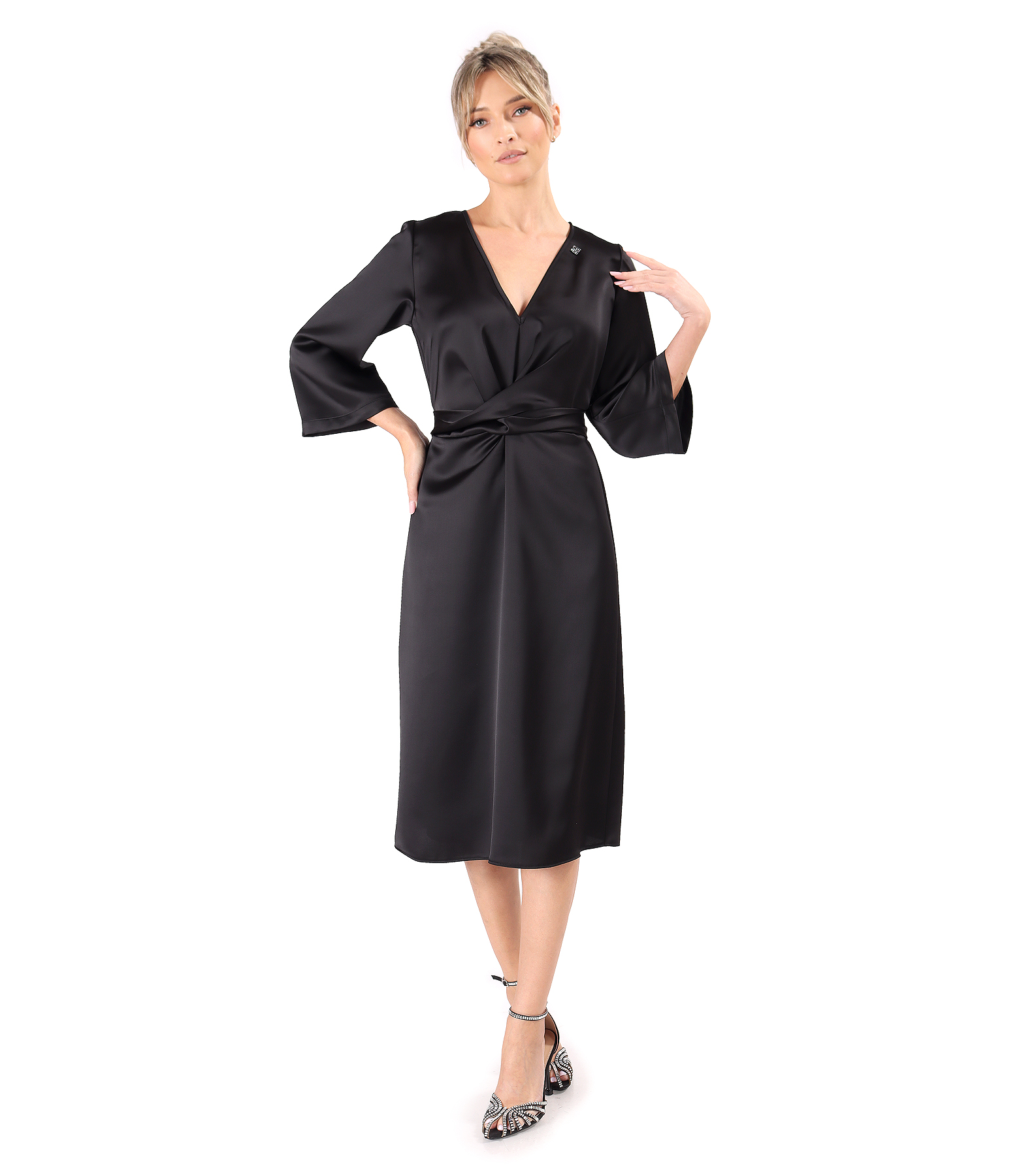 Satin midi dress with twisted cord at the waist