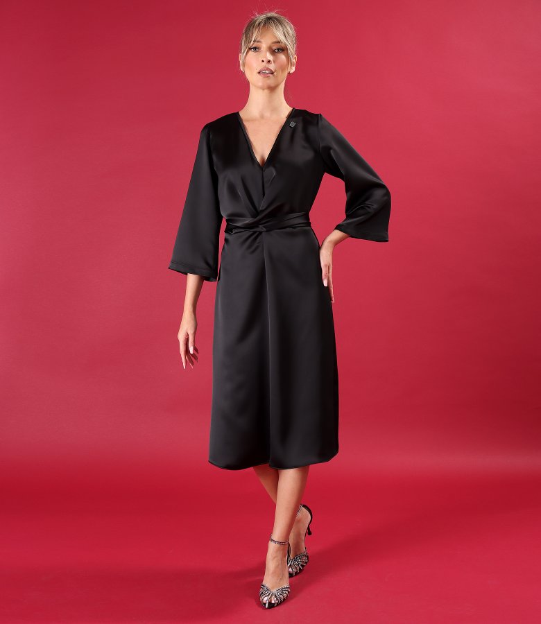 Satin midi dress with twisted cord at the waist