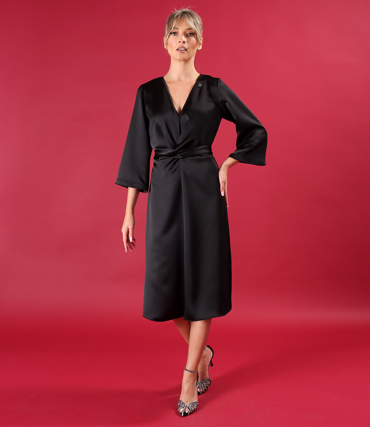 Satin midi dress with twisted cord at the waist