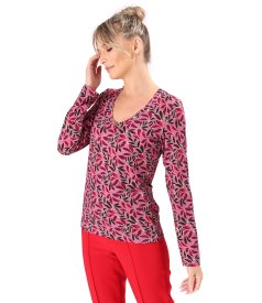 Elastic jersey blouse with V neckline