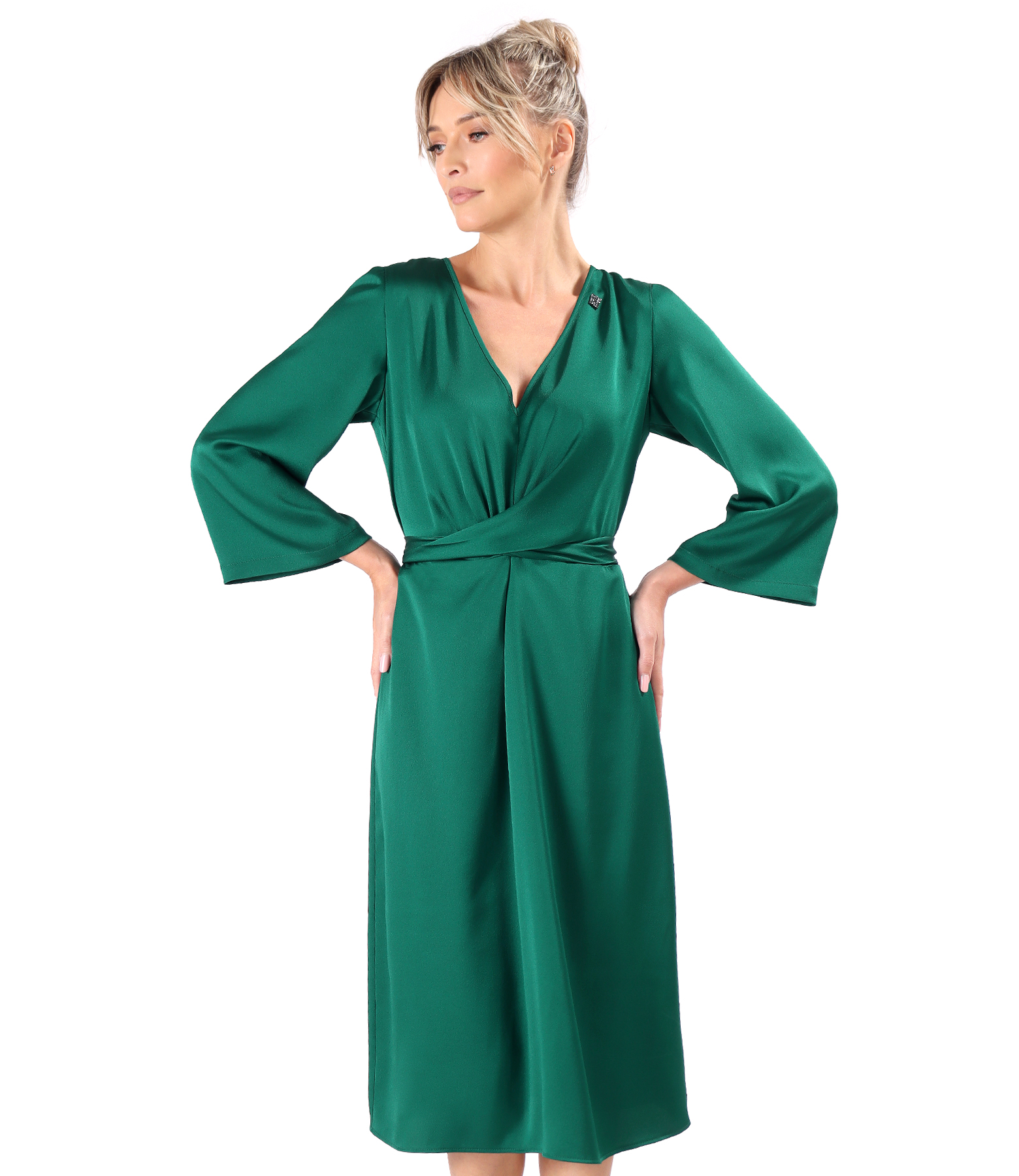 Satin midi dress with twisted cord at the waist