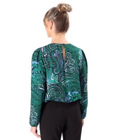 Viscose blouse with pleats at the neckline printed with paisley motifs
