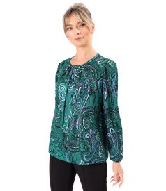 Viscose blouse with pleats at the neckline printed with paisley motifs