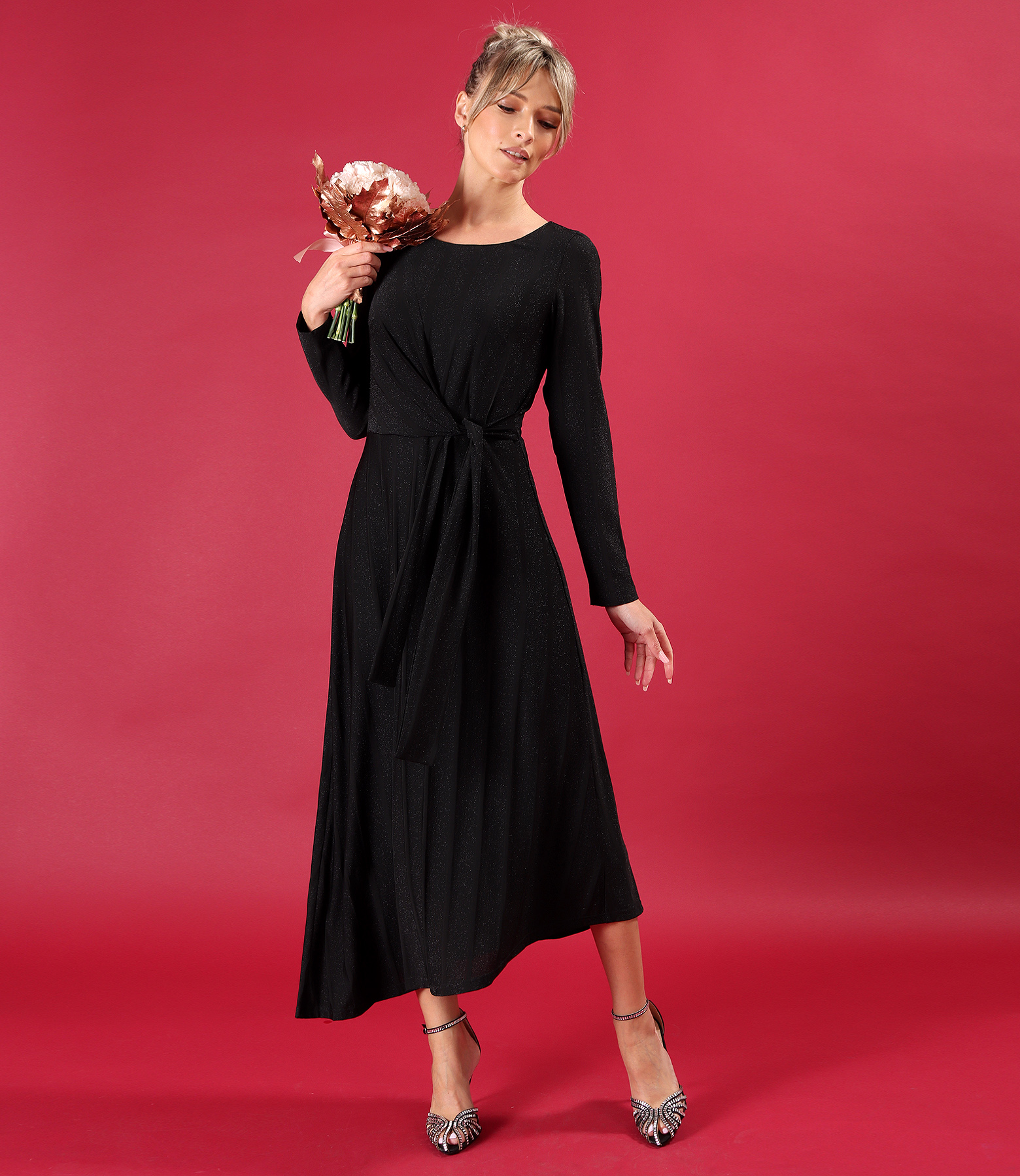 Viscose cocktail midi dress with metallic thread