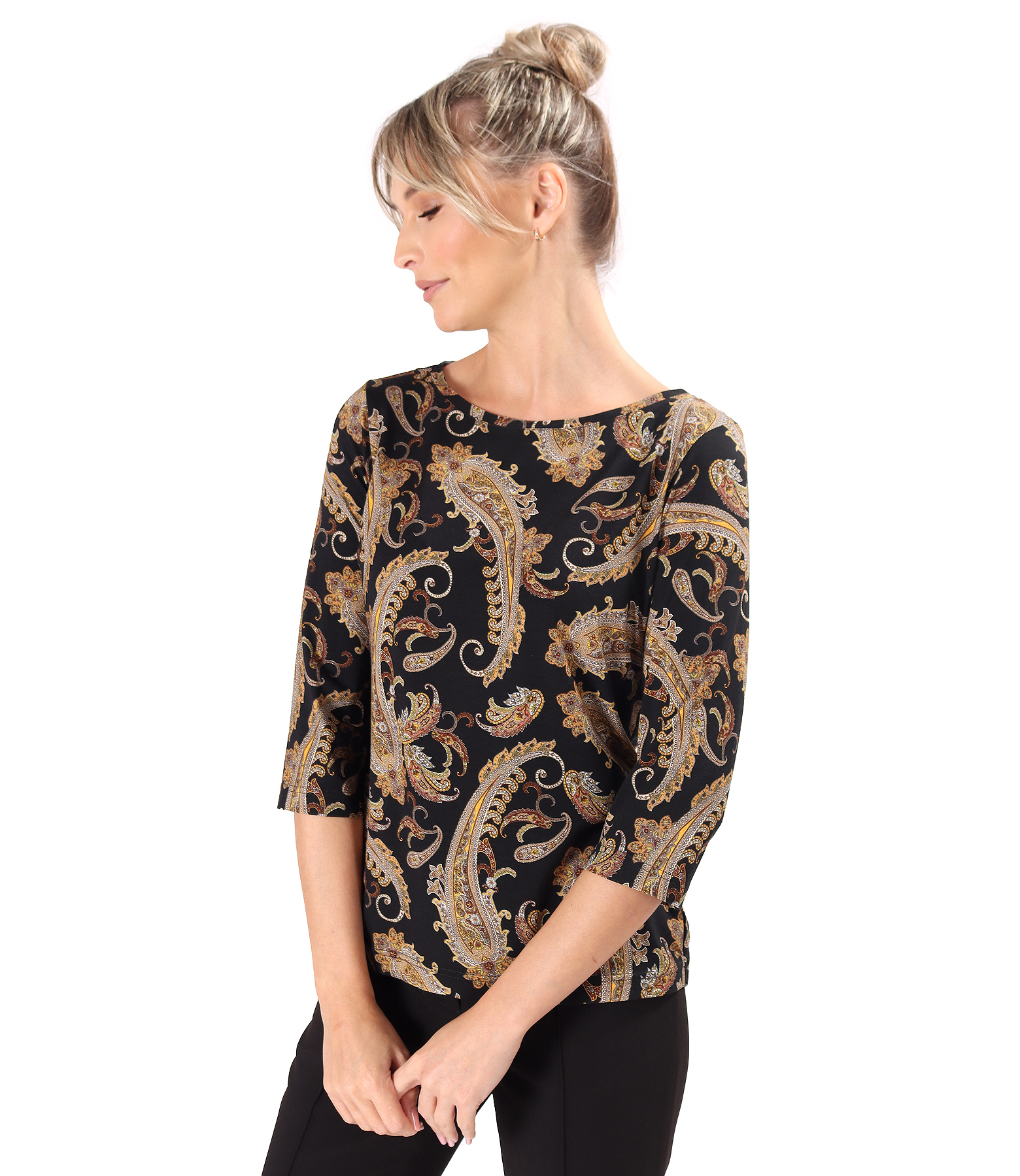Blouse made of elastic jersey printed with paisley motifs