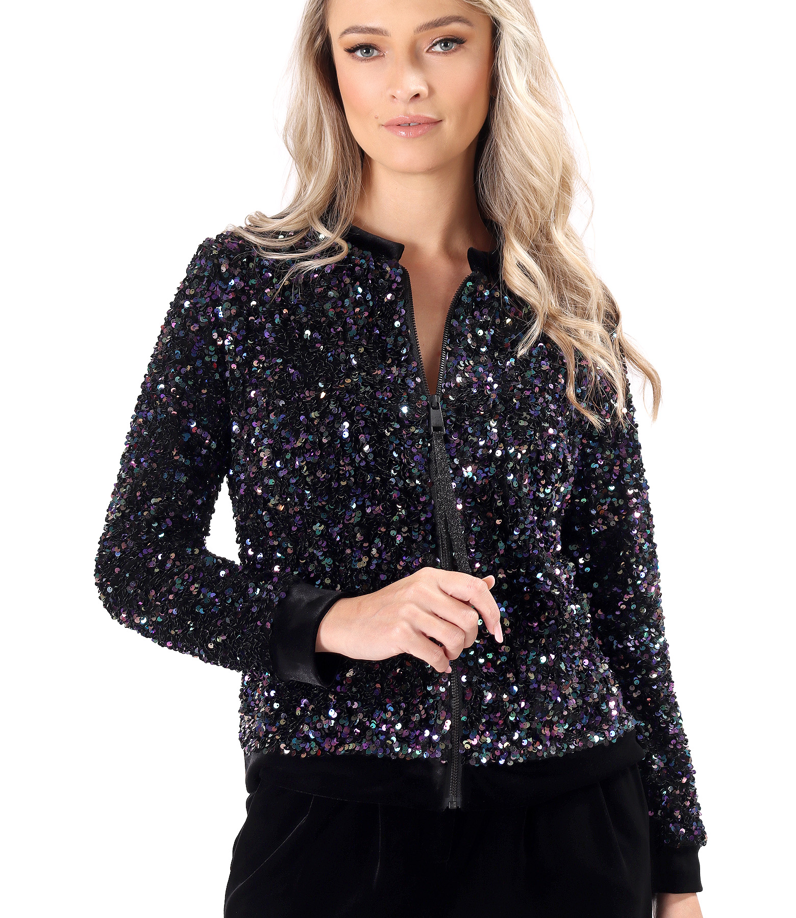 Multicolored sequin blouse with zipper on the front