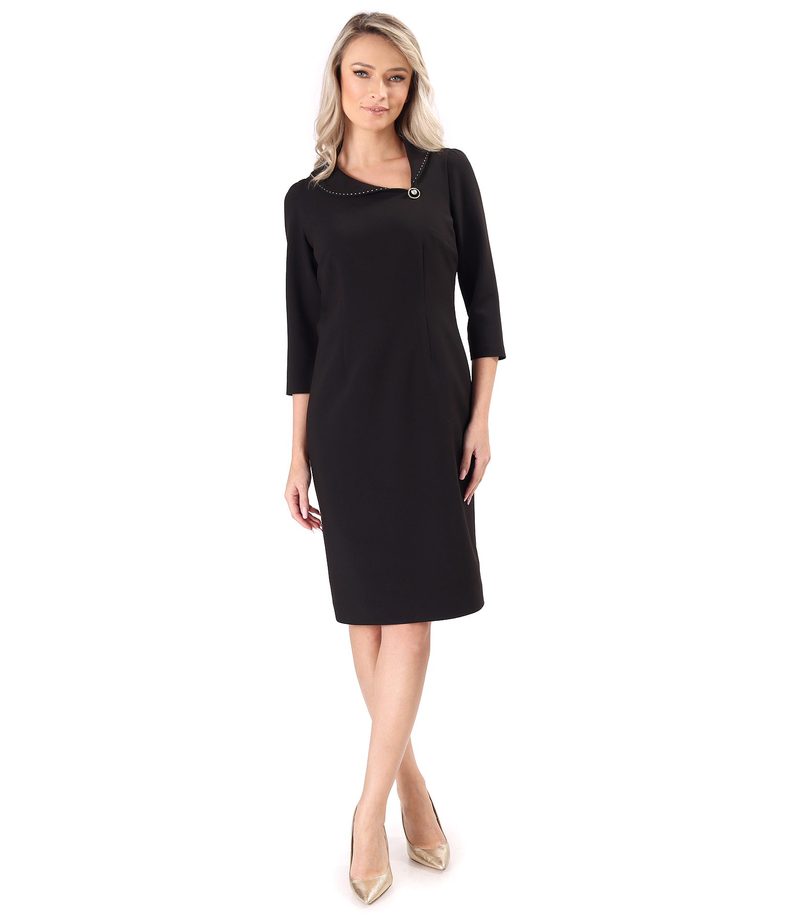 Office dress with asymmetric collar and decorative stitching