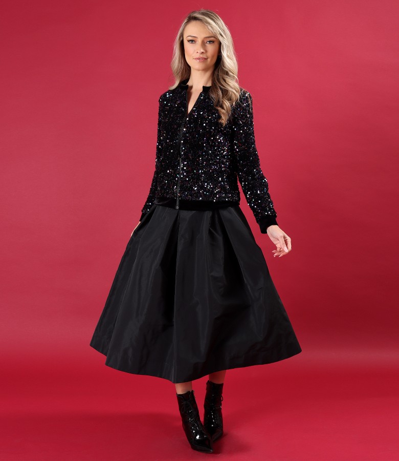 Matte effect taffeta midi skirt and multicolored sequin blouse