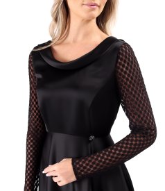 Satin midi dress with long lace sleeves