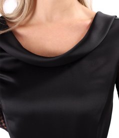 Satin midi dress with long lace sleeves