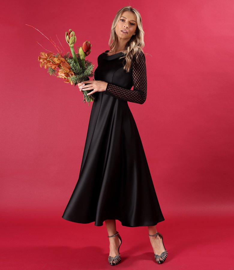 Satin midi dress with long lace sleeves