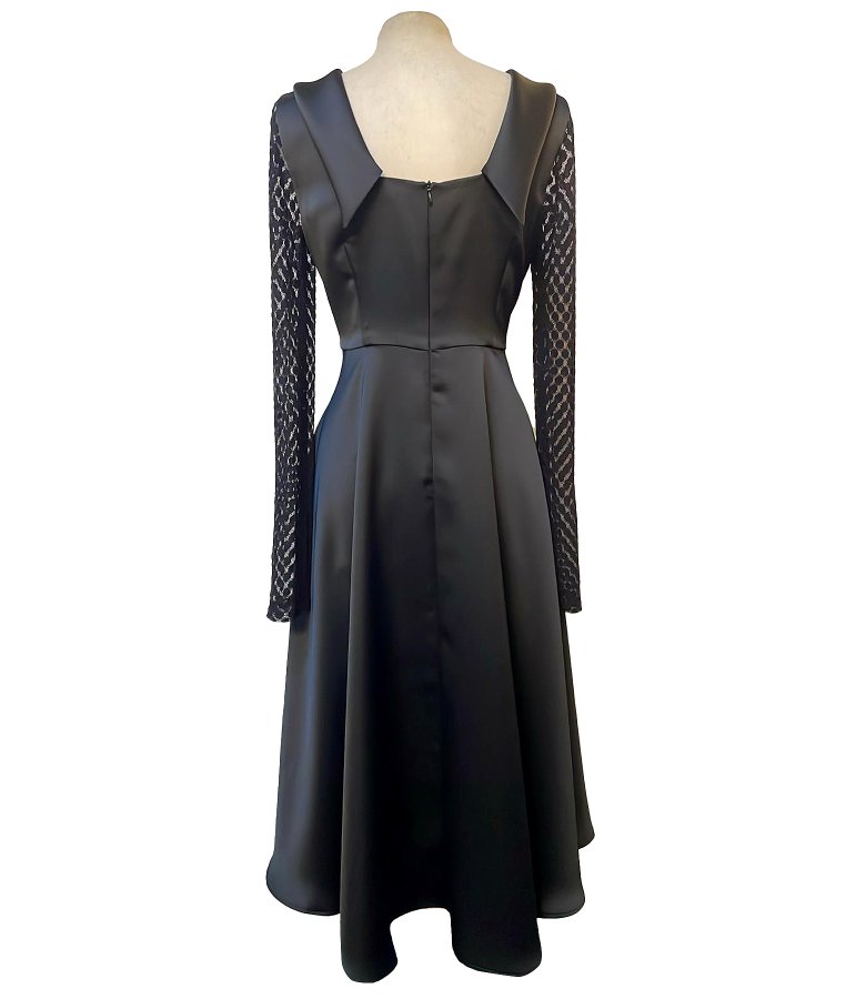 Satin midi dress with long lace sleeves