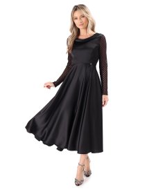 Satin midi dress with long lace sleeves